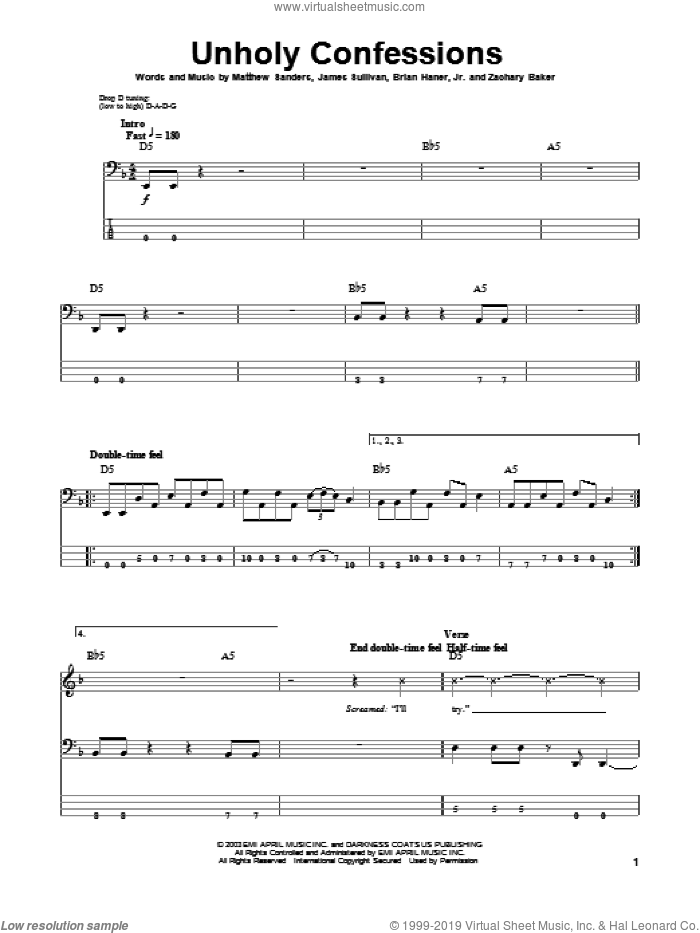 Unholy Confessions sheet music for bass (tablature) (bass guitar) by Avenged Sevenfold, Brian Haner, Jr., James Sullivan, Matthew Sanders and Zachary Baker, intermediate skill level