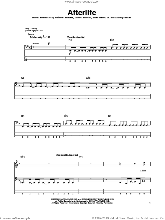 Afterlife sheet music for bass (tablature) (bass guitar) by Avenged Sevenfold, Brian Haner, Jr., James Sullivan, Matthew Sanders and Zachary Baker, intermediate skill level