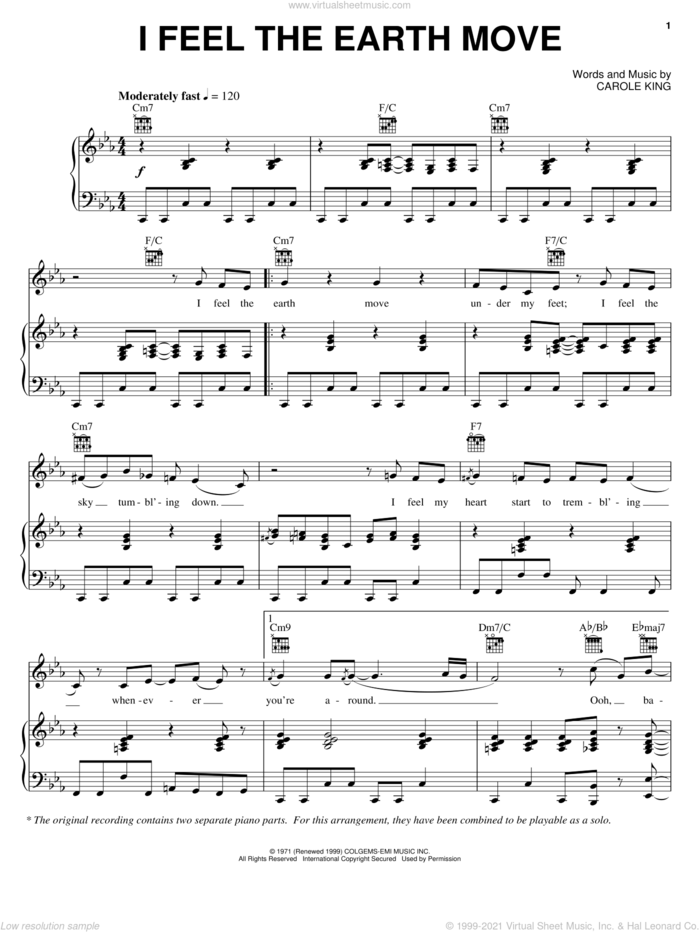 I Feel The Earth Move sheet music for voice, piano or guitar by Carole King, intermediate skill level