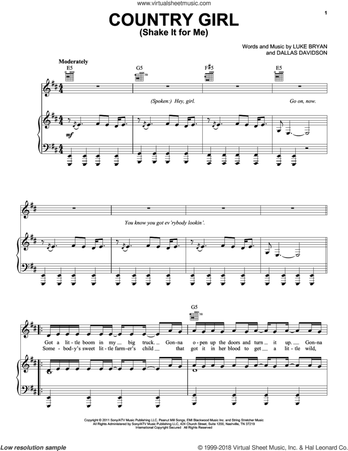 Country Girl (Shake It For Me) sheet music for voice, piano or guitar by Luke Bryan and Dallas Davidson, intermediate skill level
