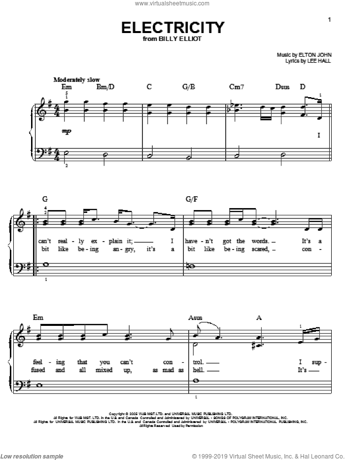 Electricity sheet music for piano solo by Elton John, Billy Elliot (Musical) and Lee Hall, easy skill level