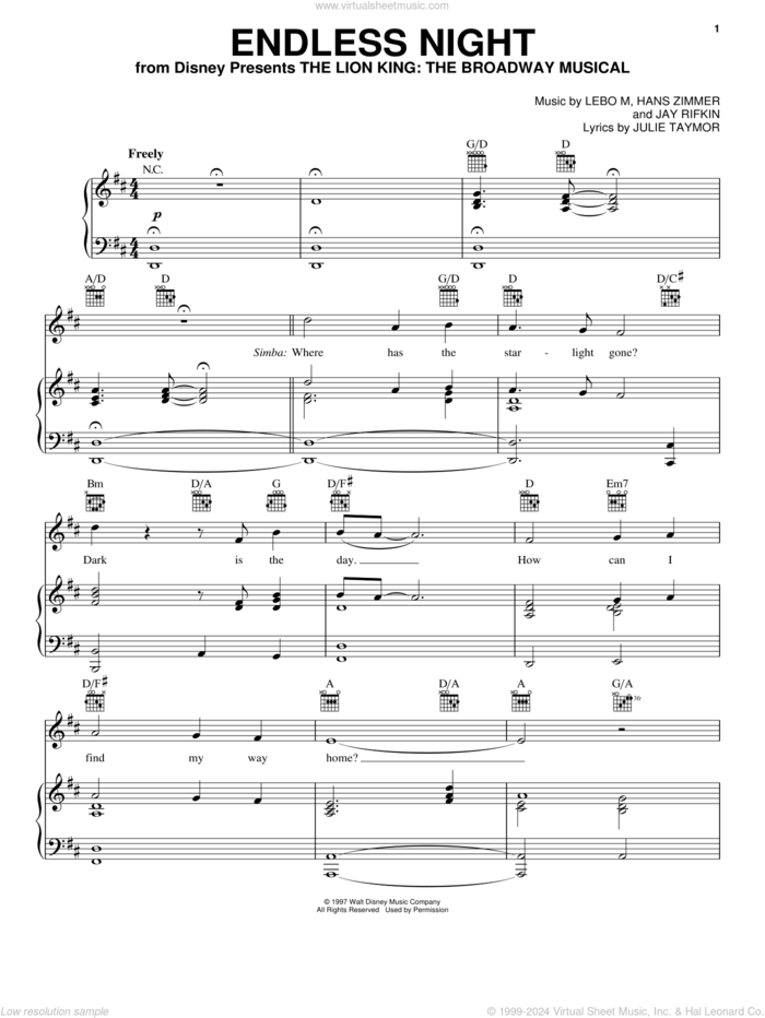 Endless Night (from The Lion King: Broadway Musical) sheet music for voice, piano or guitar by Elton John, The Lion King (Musical), Hans Zimmer, Jay Rifkin, Julie Taymor, Lebo M. and Lebo M., Hans Zimmer, Jay Rifkin and Julie Taymor, intermediate skill level