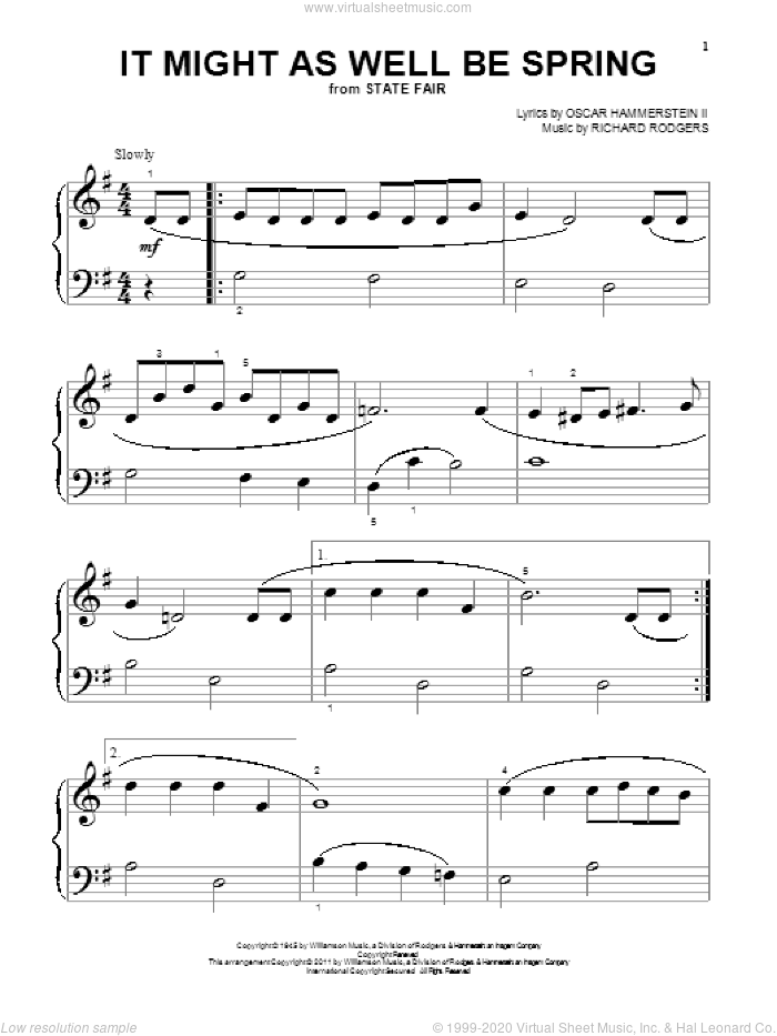 It Might As Well Be Spring sheet music for piano solo by Rodgers & Hammerstein, State Fair (Musical), Oscar II Hammerstein and Richard Rodgers, beginner skill level