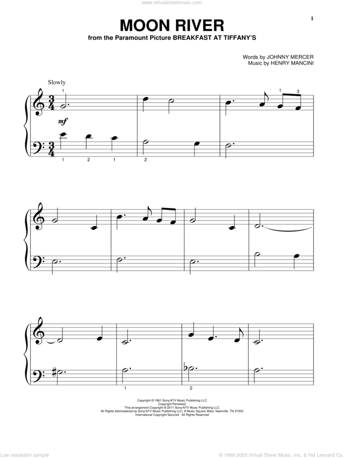 Moon River sheet music for piano solo by Henry Mancini and Johnny Mercer, wedding score, beginner skill level