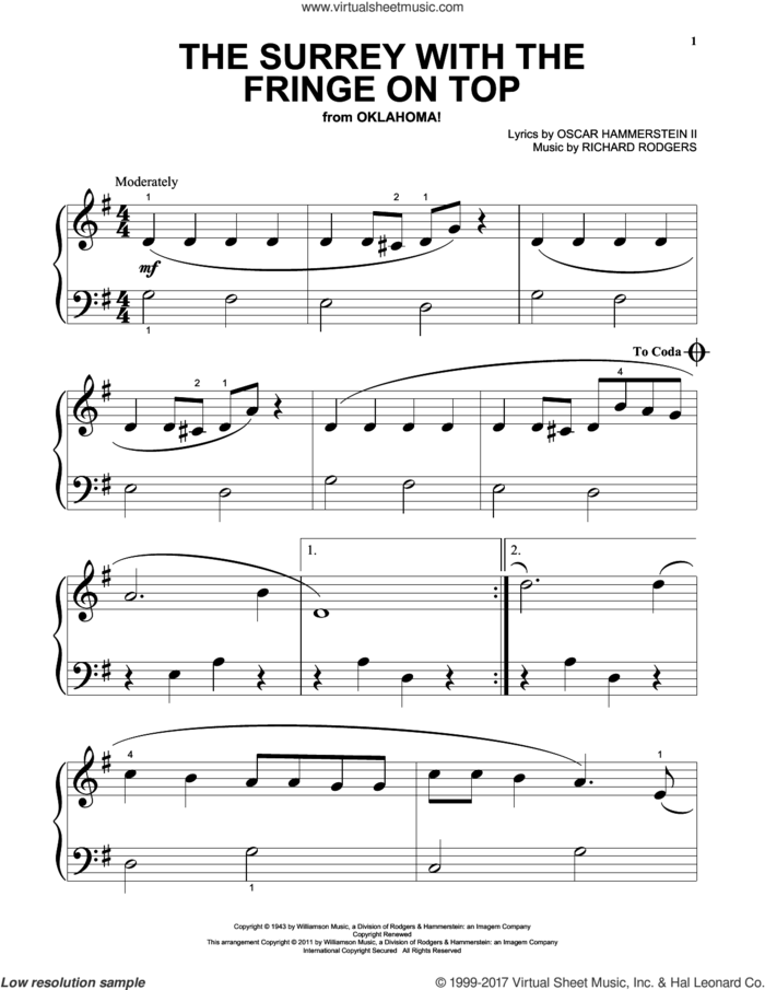 The Surrey With The Fringe On Top (from Oklahoma!) sheet music for piano solo (big note book) by Rodgers & Hammerstein, Oklahoma! (Musical), Oscar II Hammerstein and Richard Rodgers, easy piano (big note book)