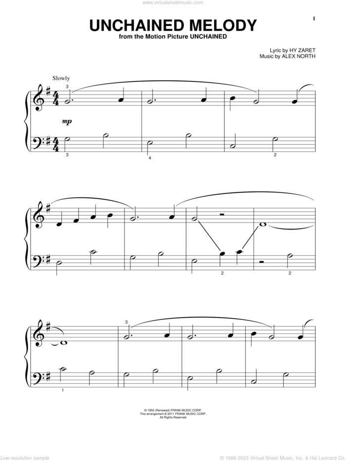 Unchained Melody, (beginner) sheet music for piano solo by The Righteous Brothers, Alex North and Hy Zaret, wedding score, beginner skill level