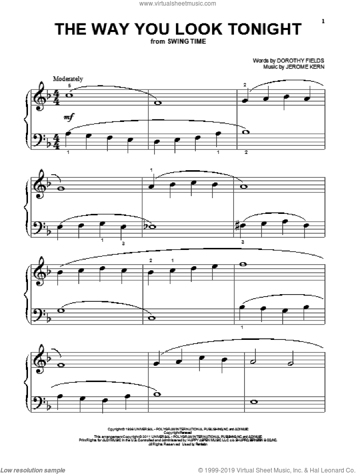 The Way You Look Tonight sheet music for piano solo by Jerome Kern and Dorothy Fields, wedding score, beginner skill level