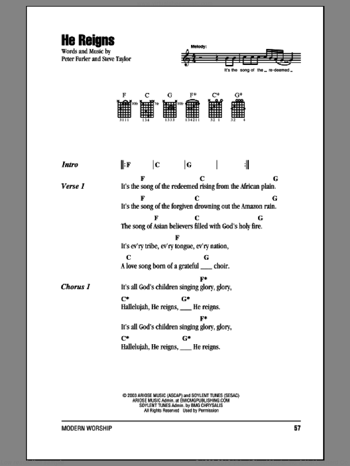 He Reigns sheet music for guitar (chords) by Newsboys, Peter Furler and Steve Taylor, intermediate skill level