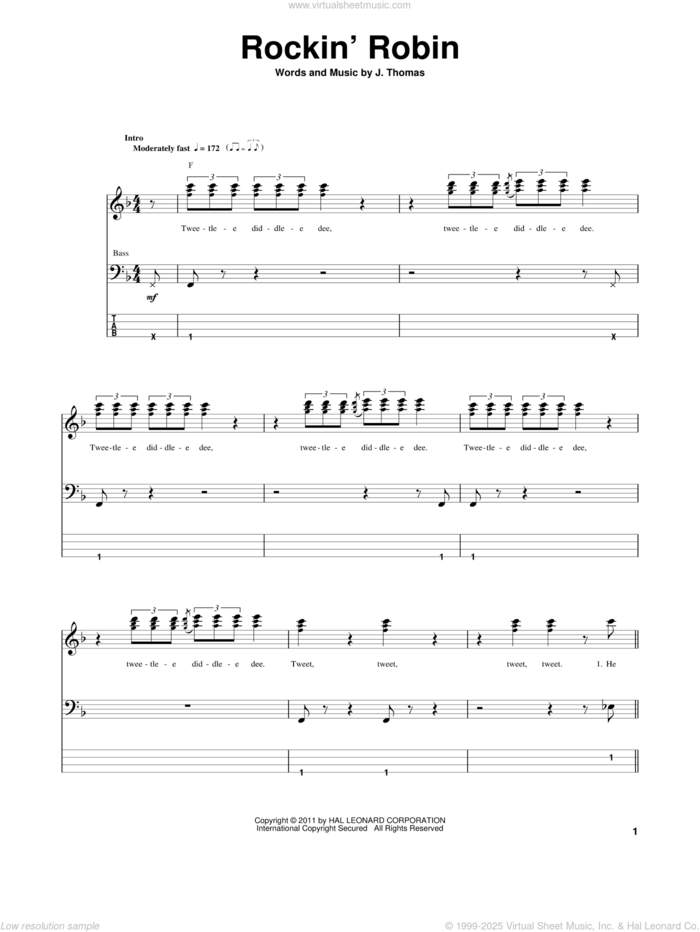 Rockin' Robin sheet music for bass (tablature) (bass guitar) by The Jackson 5, Bobby Day and Thomas Jimmie, intermediate skill level