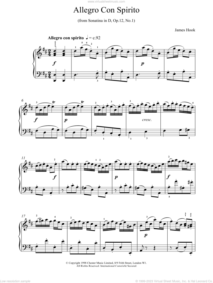 Allegro Con Spirito Op12 No1 sheet music for piano solo by James Hook, classical score, intermediate skill level