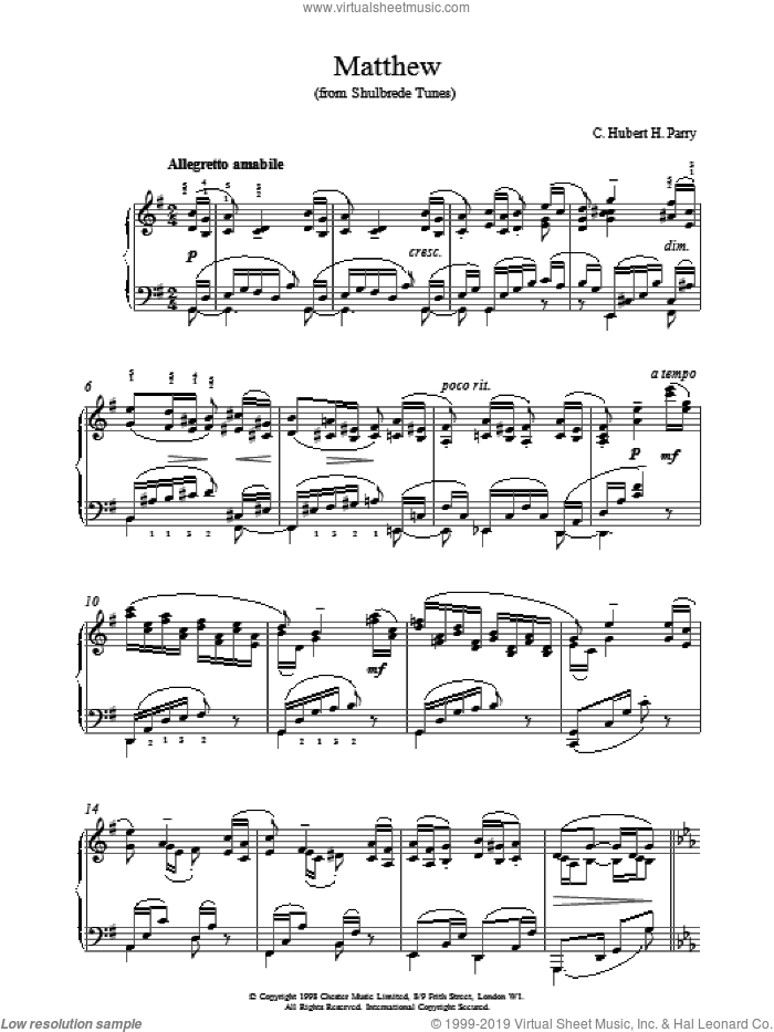 Matthew From Shulbrede Tunes sheet music for piano solo by Hubert Parry, intermediate skill level