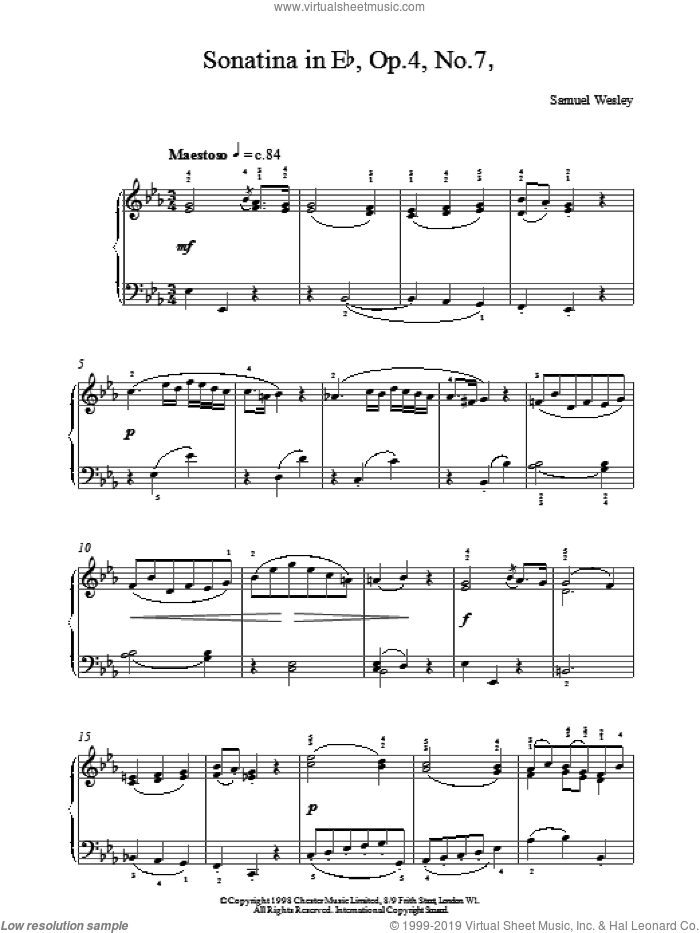 Sonatina Op4 No7 sheet music for piano solo by Samuel Sebastian Wesley and Samuel Sebastian Wesley, classical score, intermediate skill level