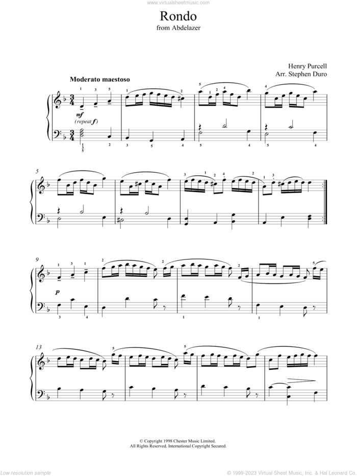 Rondeau in D Minor (from Abdelazer), (intermediate) (from Abdelazer) sheet music for piano solo by Henry Purcell and Stephen Arr. Duro, classical score, intermediate skill level
