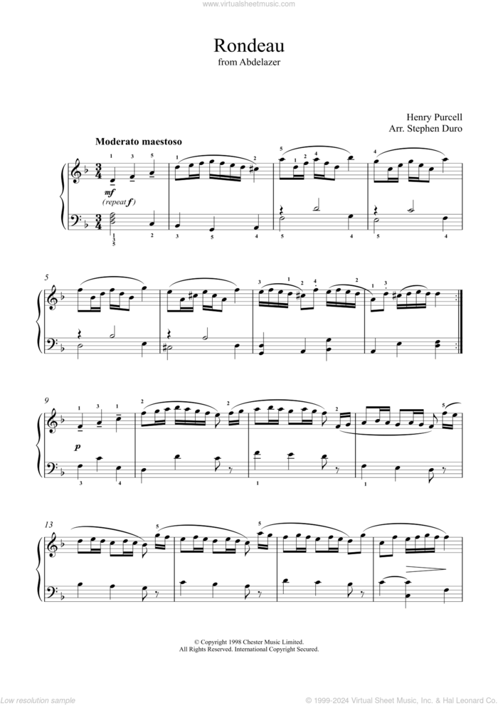 Rondeau in D Minor (from Abdelazer), (intermediate) (from Abdelazer) sheet music for piano solo by Henry Purcell and Stephen Arr. Duro, classical score, intermediate skill level