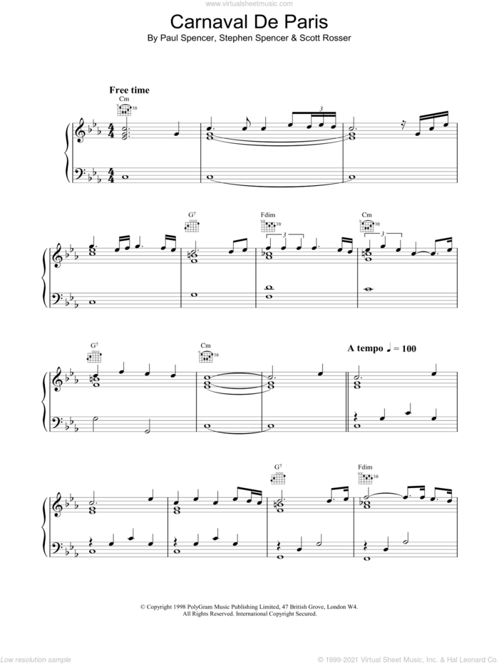 Carnaval De Paris sheet music for voice, piano or guitar by Dario G and Stephen Spencer & Scott Rosser Paul Spencer, intermediate skill level