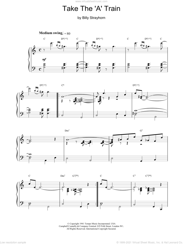 Take The 'A' Train sheet music for piano solo by Billy Strayhorn and Duke Ellington, intermediate skill level