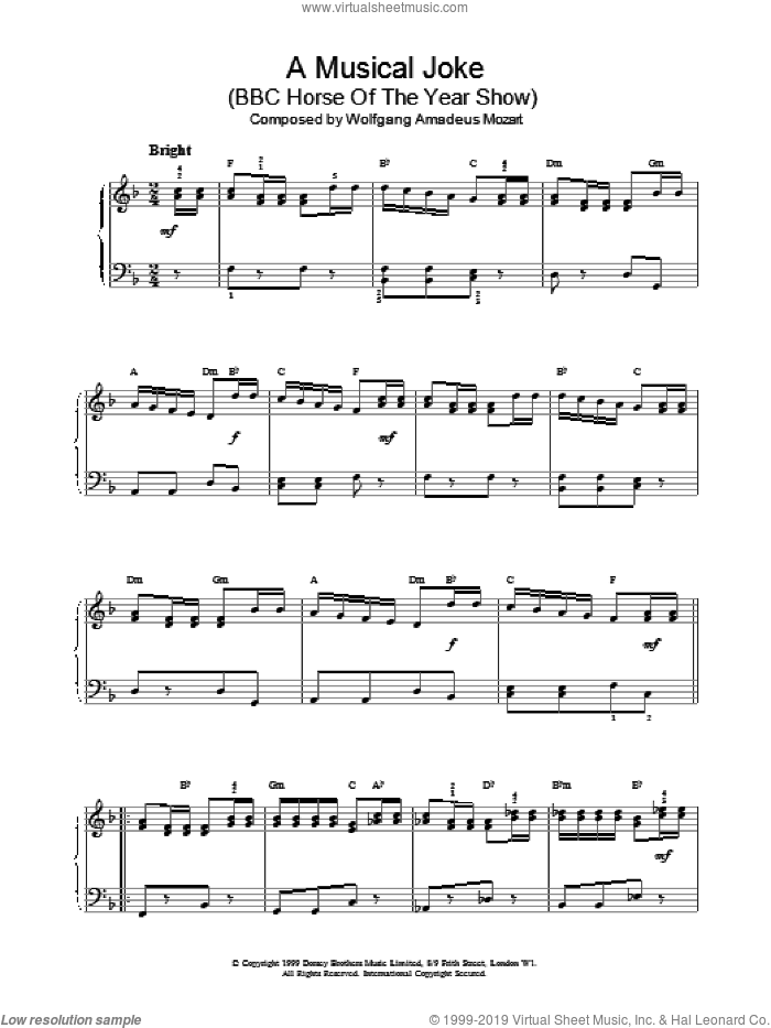 A Musical Joke (BBC Horse Of The Year Show) sheet music for piano solo by Wolfgang Amadeus Mozart, classical score, intermediate skill level