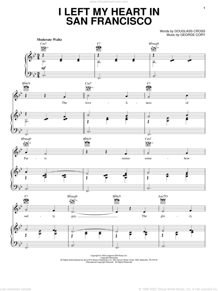 I Left My Heart In San Francisco sheet music for voice, piano or guitar by Tony Bennett, Douglass Cross and George Cory, intermediate skill level
