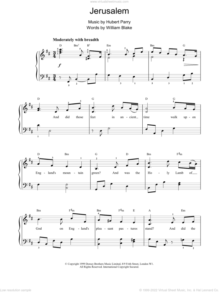 Jerusalem sheet music for piano solo by Hubert Parry and William Blake, easy skill level