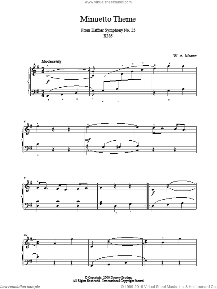 Minuetto Theme From Haffner Symphony No. 35 K385 sheet music for piano solo by Wolfgang Amadeus Mozart, classical score, intermediate skill level