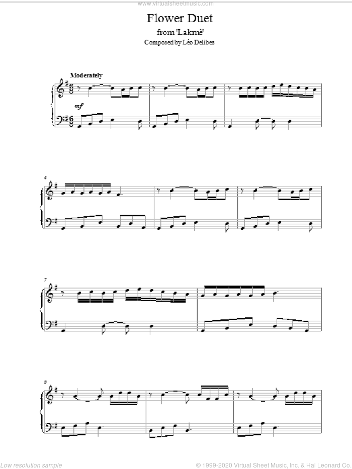Flower Duet, (intermediate) sheet music for piano solo by Leo Delibes, classical score, intermediate skill level
