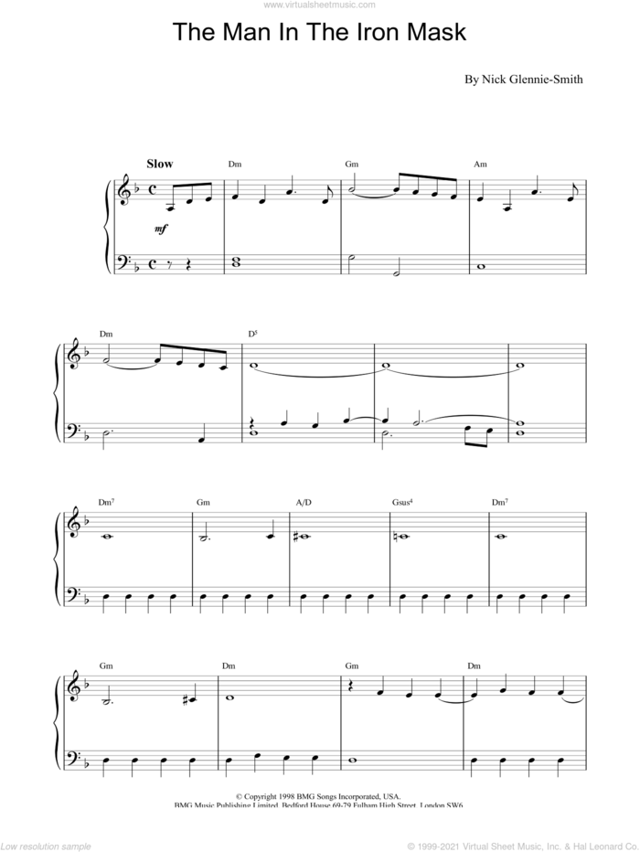 The Man In The Iron Mask sheet music for piano solo by Nick Glennie-Smith, intermediate skill level