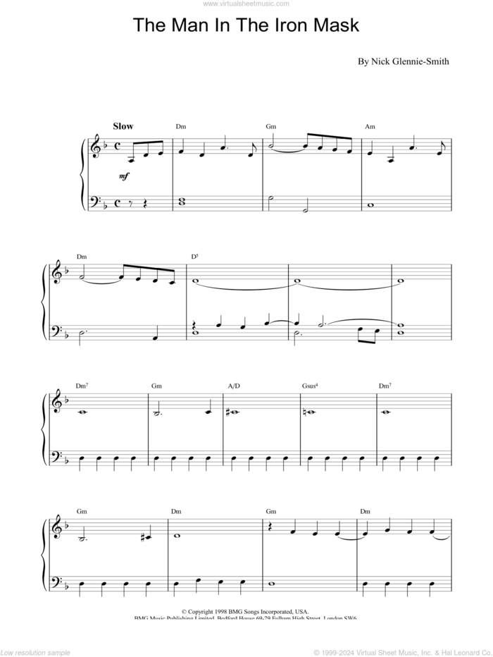 The Man In The Iron Mask sheet music for piano solo by Nick Glennie-Smith, intermediate skill level