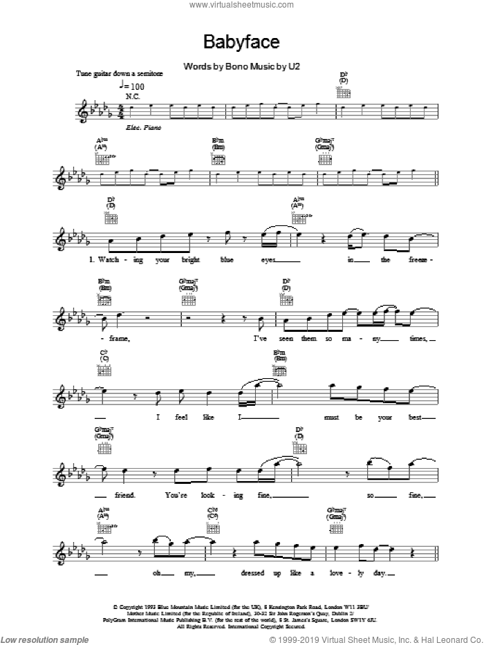 Babyface sheet music for voice and other instruments (fake book) by U2 and Bono, intermediate skill level