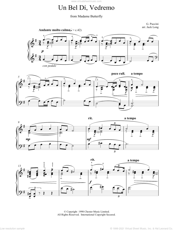 Un Bel Di, Vedremo From Madame Butterfly sheet music for piano solo by Giacomo Puccini, classical score, intermediate skill level