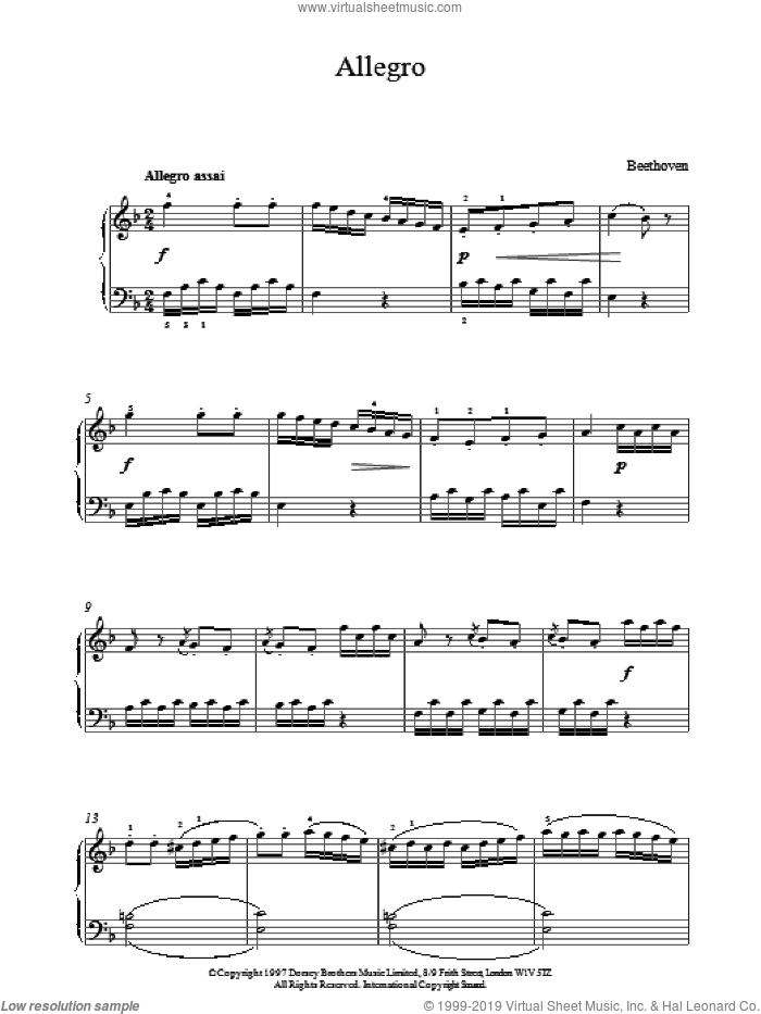 Allegro In F sheet music for piano solo by Ludwig van Beethoven, classical score, intermediate skill level