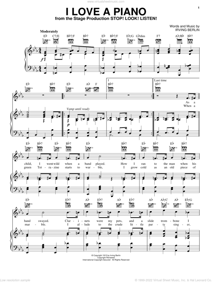 I Love A Piano sheet music for voice, piano or guitar by Irving Berlin and White Christmas (Musical), intermediate skill level