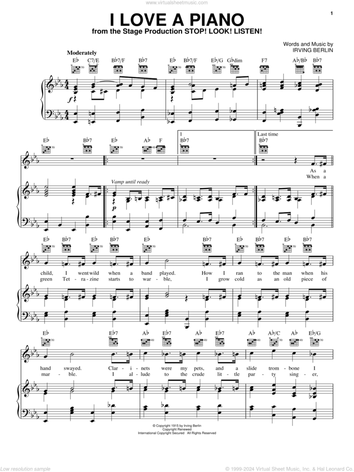 I Love A Piano sheet music for voice, piano or guitar by Irving Berlin and White Christmas (Musical), intermediate skill level