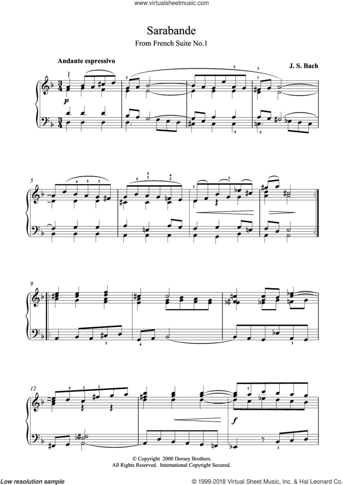 Sarabande From Cello Suite in E Flat sheet music for piano solo by Johann Sebastian Bach, classical score, intermediate skill level