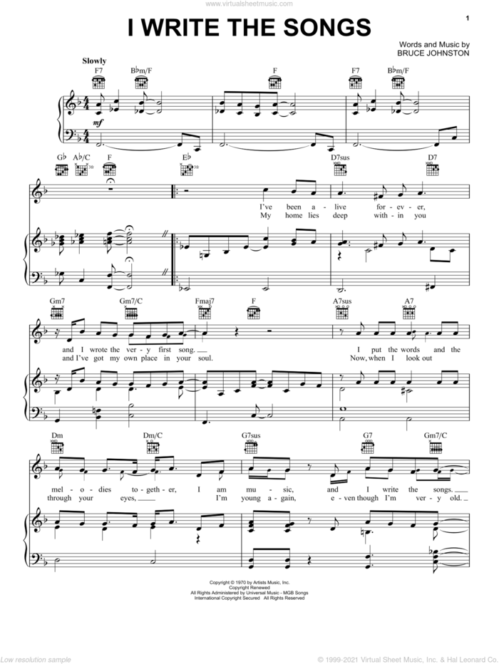 I Write The Songs sheet music for voice, piano or guitar by Barry Manilow and Bruce Johnston, intermediate skill level