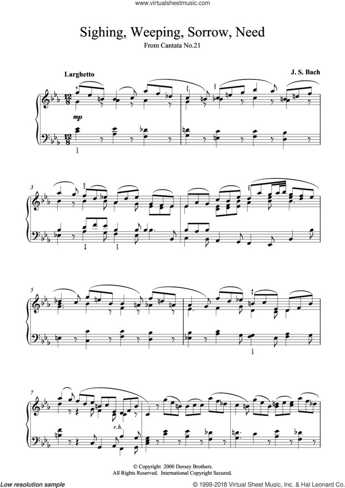 Sighing, Weeping, Sorrow, Need sheet music for piano solo by Johann Sebastian Bach, classical score, intermediate skill level