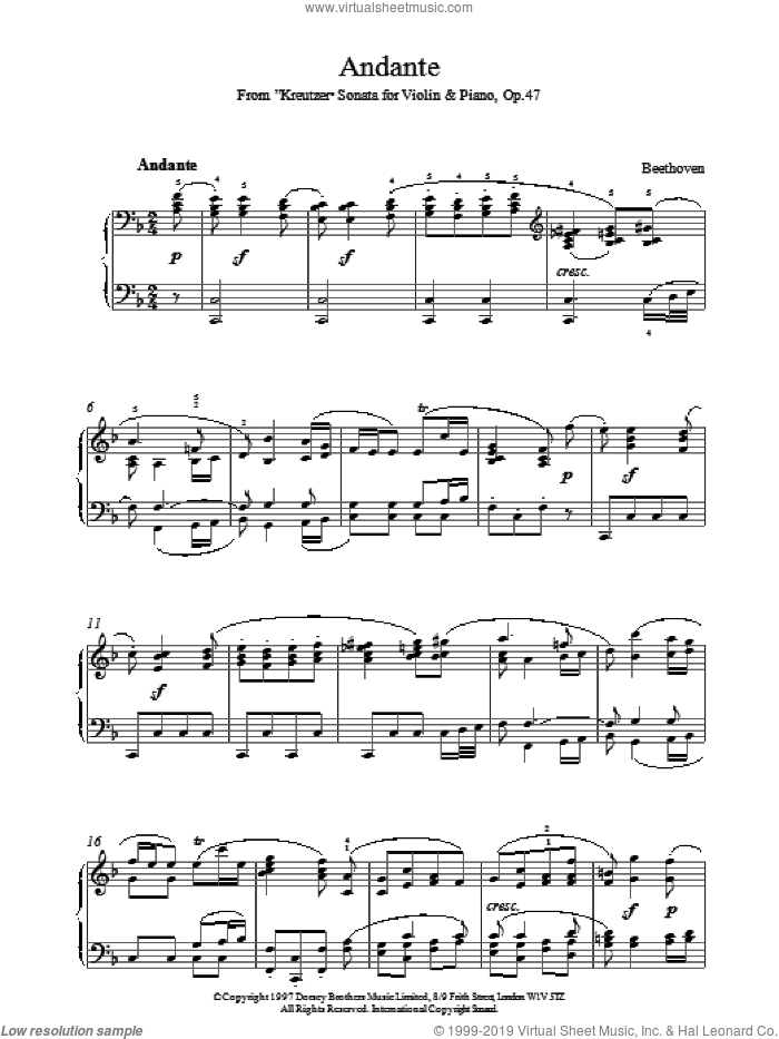 Andante Kreutzer Sonata sheet music for piano solo by Ludwig van Beethoven, classical score, intermediate skill level