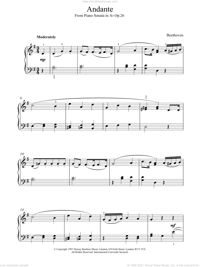 Andante Sonata Op.26 sheet music for piano solo by Ludwig van Beethoven, classical score, intermediate skill level