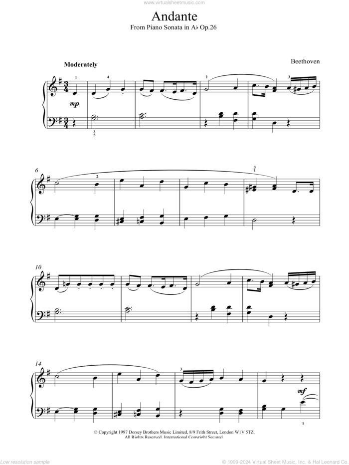 Andante Sonata Op.26 sheet music for piano solo by Ludwig van Beethoven, classical score, intermediate skill level