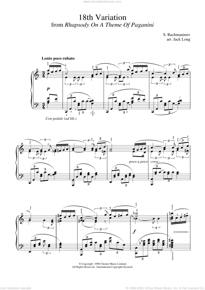 18th Variation (from Rhapsody On A Theme By Paganini) (arr. Jack Long) sheet music for piano solo by Serjeij Rachmaninoff, classical score, intermediate skill level