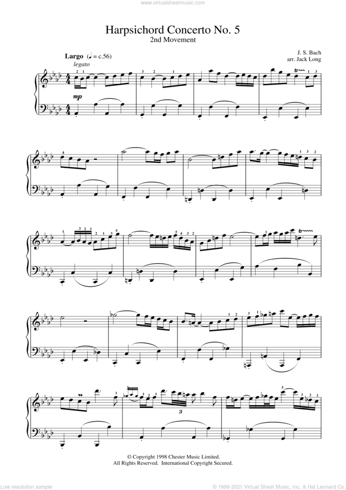 Harpsichord Concerto No. 5 sheet music for piano solo by Johann Sebastian Bach, classical score, intermediate skill level