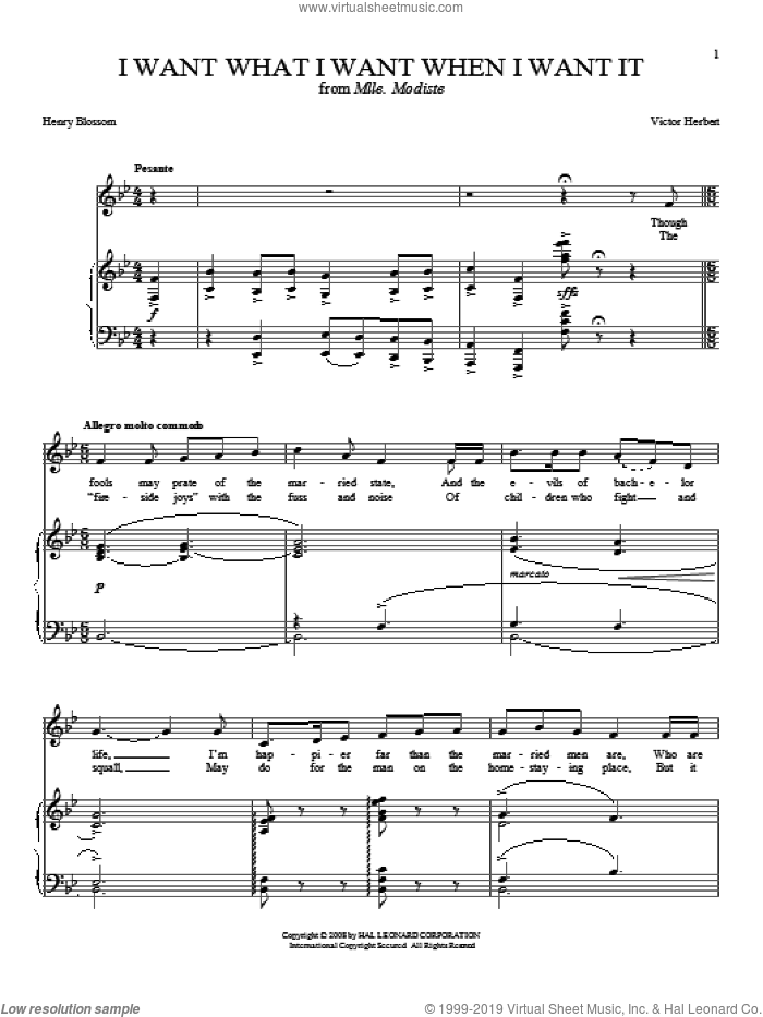 I Want What I Want When I Want It sheet music for voice and piano by Joan Frey Boytim, Henry Blossom and Victor Herbert, intermediate skill level
