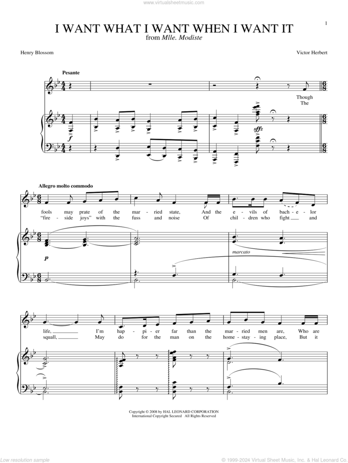 I Want What I Want When I Want It sheet music for voice and piano by Joan Frey Boytim, Henry Blossom and Victor Herbert, intermediate skill level