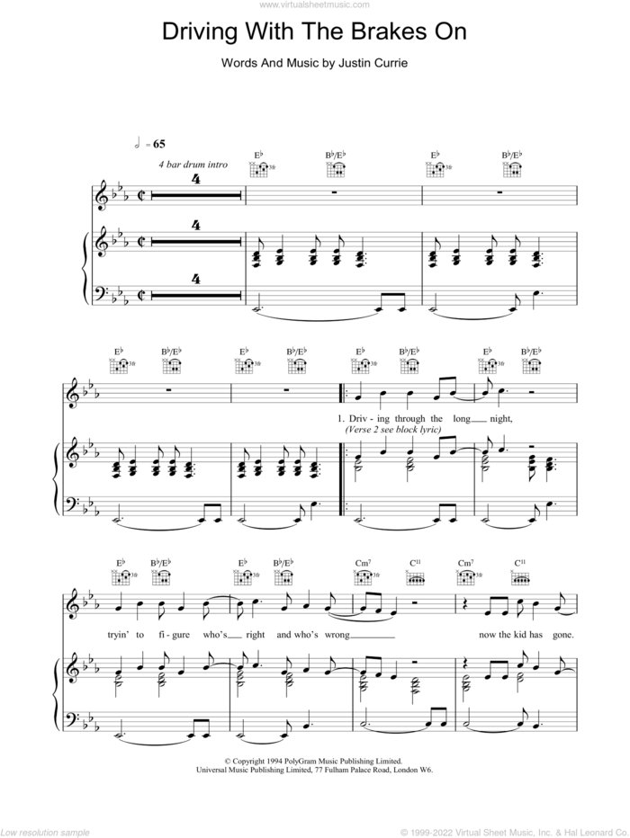 Driving With The Brakes On sheet music for voice, piano or guitar by Del Amitri and Justin Currie, intermediate skill level