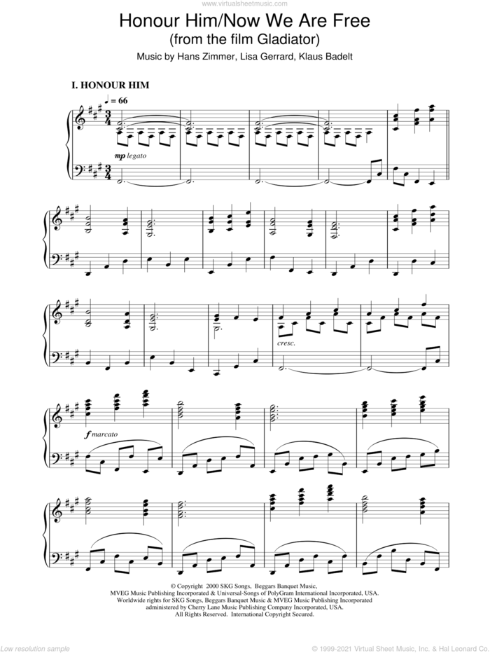 Now We Are Free (from Gladiator) sheet music for piano solo by Hans Zimmer, Gerrard,L & Badelt,K and Klaus Badelt, intermediate skill level
