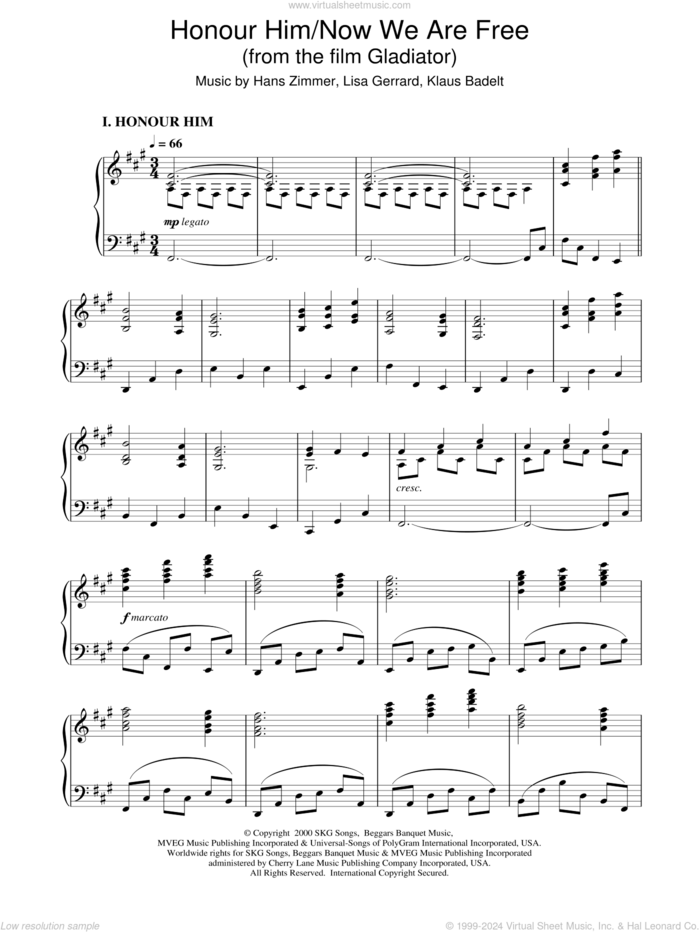 Now We Are Free (from Gladiator) sheet music for piano solo by Hans Zimmer, Gerrard,L & Badelt,K and Klaus Badelt, intermediate skill level