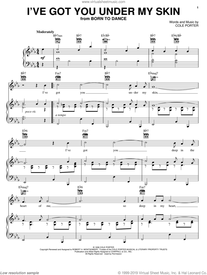 I've Got You Under My Skin sheet music for voice, piano or guitar by Frank Sinatra, Diana Krall and Cole Porter, intermediate skill level
