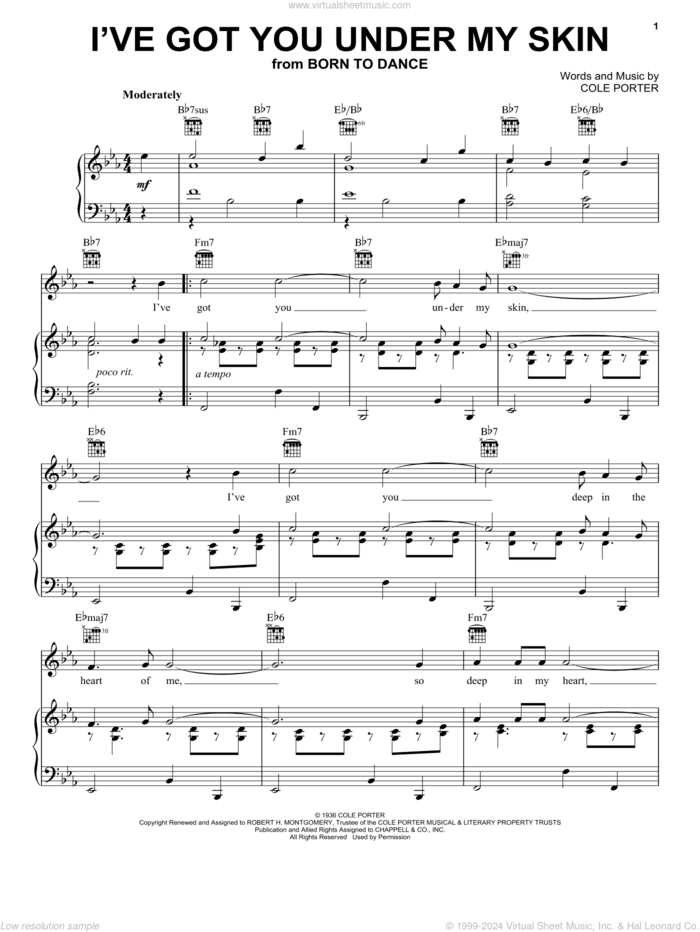 I've Got You Under My Skin sheet music for voice, piano or guitar by Frank Sinatra, Diana Krall and Cole Porter, intermediate skill level