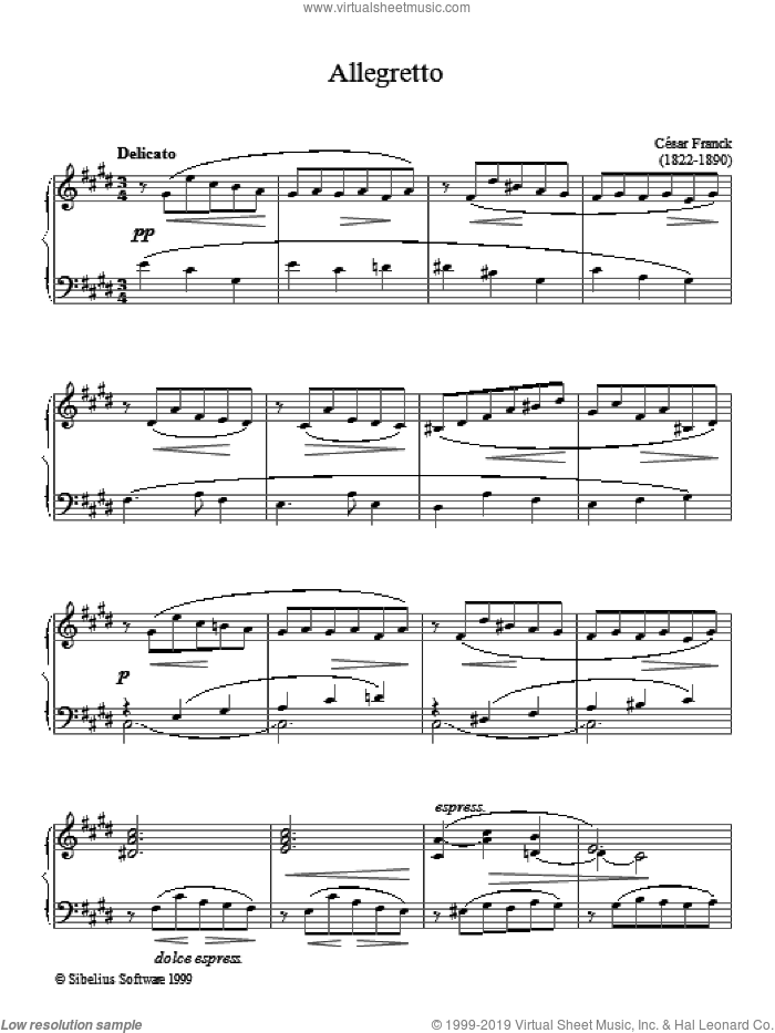 Allegretto sheet music for piano solo by Cesar Franck, classical score, intermediate skill level