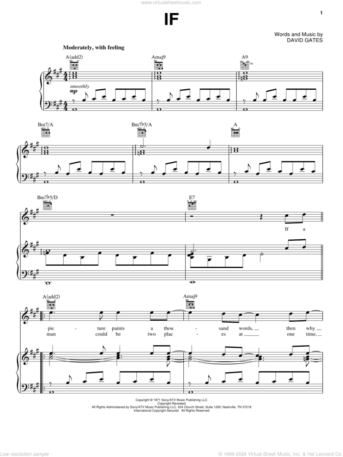 If sheet music for voice, piano or guitar by Bread and David Gates, wedding score, intermediate skill level