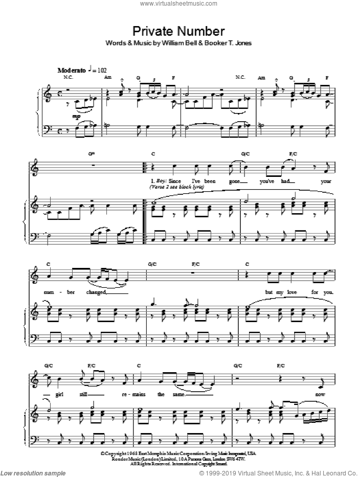 Private Number sheet music for voice, piano or guitar by William Bell, William Bell & Judy Clay and Booker T. Jones, intermediate skill level